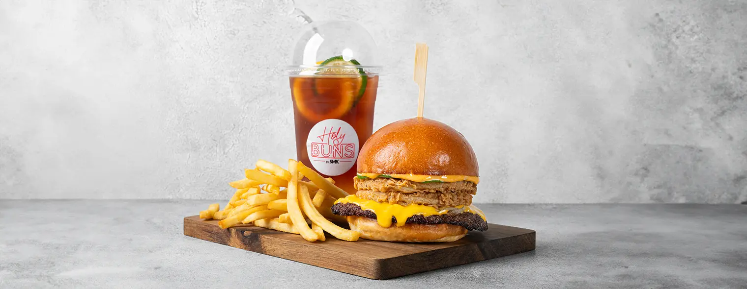Burger with fries and bevarages