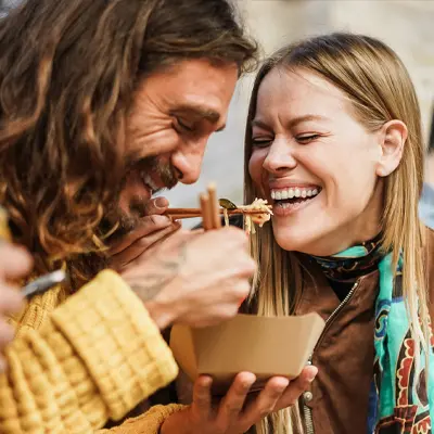 Friends chatting over food