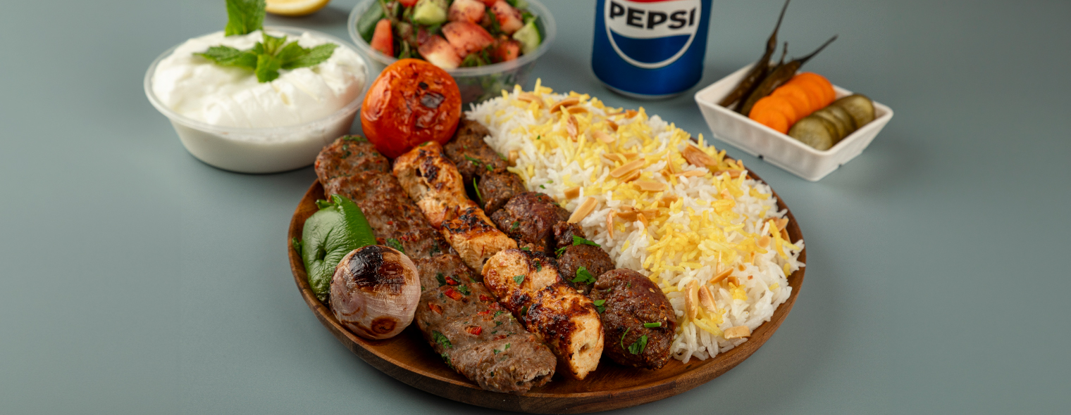 Burger with fries and bevarages